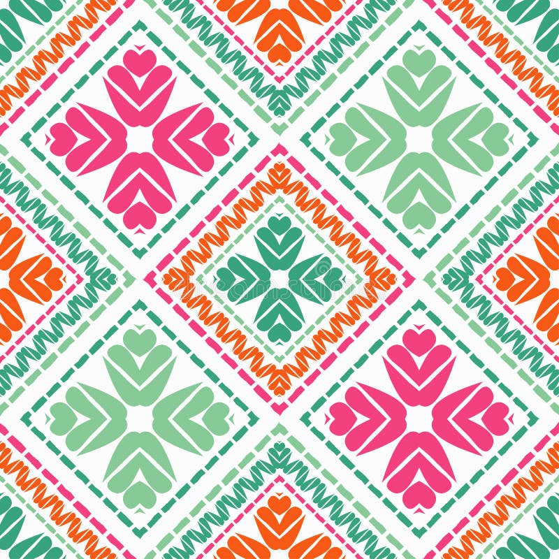 Ethnic boho seamless pattern. Embroidery on fabric. Patchwork texture. Weaving. Traditional ornament. Tribal pattern. Folk motif.